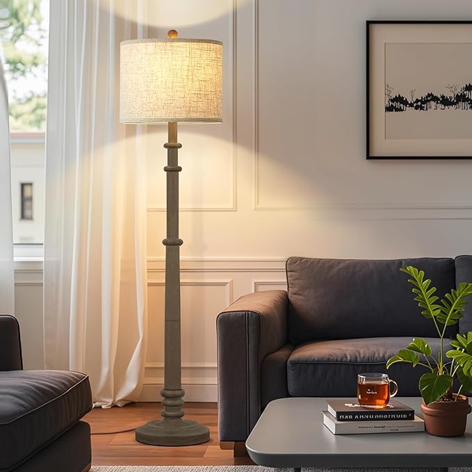 Floor Lamps for Living Room - 60" Resin Farmhouse Floor Lamp with 3 Color Temperatures - Vintage Standing Lamp Reading Light with Linen Shade Retro Tall Lamp for Bedroom Office, Grey