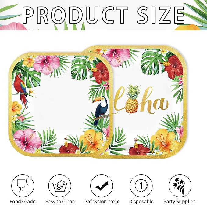 Grencian 200Pcs Hawaiian Luau Party Decorations Aloha Tropical Hibiscus Floral Luau Plates and Napkins Palm Leaf Tableware Sets for Summer Holiday Hawaiian Birthday Dinner Party Supplies Serves 50