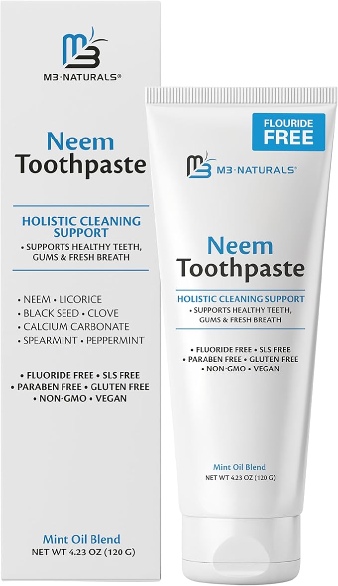 Fluoride-Free Neem Toothpaste with Mint for Adults & Kids with Sensitivity | Vegan, Gluten & SLS Free Herbal Formula for Sensitive Teeth, Healthy Gums and Fresh Breath, 4.23 oz (120 g) Pack of 2 by M3