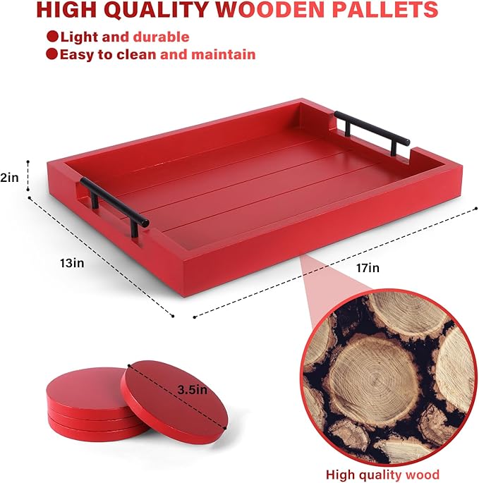 Coffee Table Decorative Serving Tray - 17x13 Inch Wood Tray with 4 Wooden Coasters - Ideal for Ottoman, Breakfast