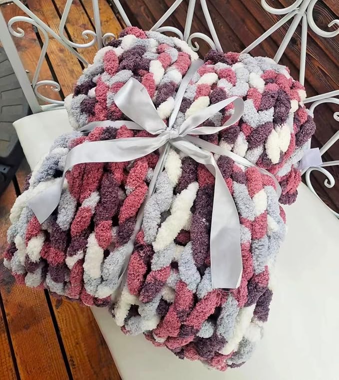DDL&HEXI Chunky Chenille Blanket 100% Hand Knit with Jumbo Chenille Yarn (50"x60") Super Soft Large Throw Bed Blanket for Couch, Sofa, Home Decor - Machine Washable (05)