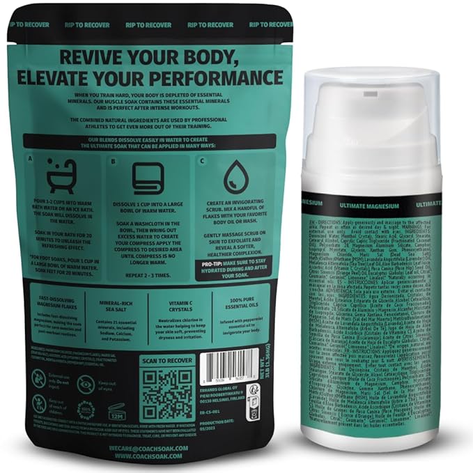 Coach Soak Recovery Bath Soak & Cream - Alternative to Epsom Salt Bath Soak - Fast-Absorbing Pure Magnesium Flakes with 21 Minerals, Bath Salts & Essential Oils - 2 Pack - Cooling Peppermint