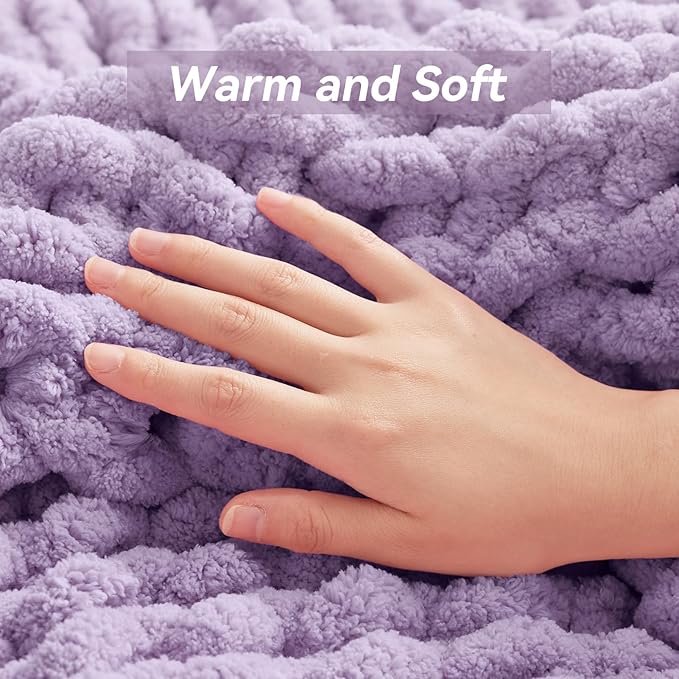 Chunky Knit Throw Blanket, 30''*40'' Knitted Throw Chenille Yarn for Bed Couch, Handmade Light Purple Crochet Big Thick Blanket, Machine Washable Cute Comfy Blanket for Home Decor