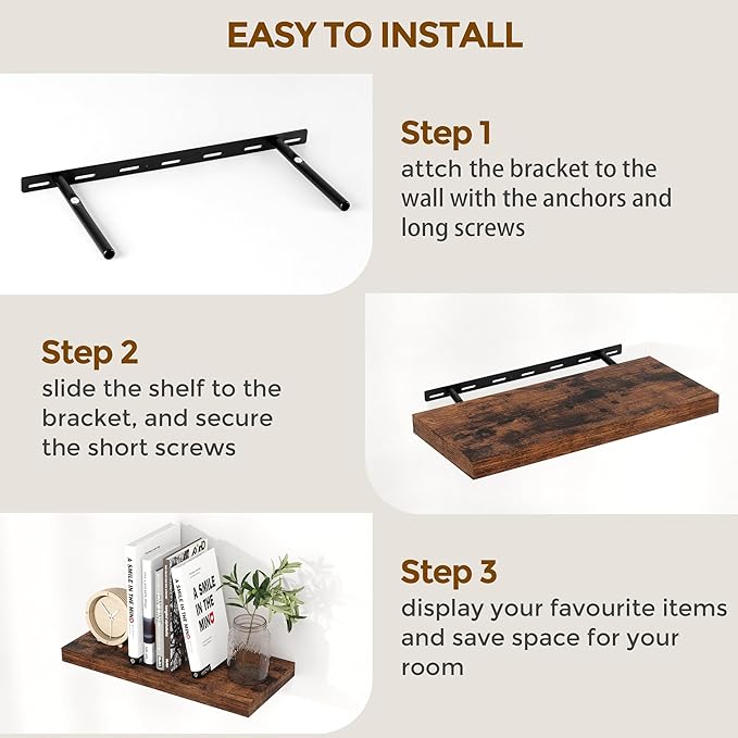 Floating Shelves 48 Inch Long, 48"W x 9"D Wall Shelf Invisible Bracket, 9 Inch Deep Floating Shelf for Wall, Rustic Wooden Shelves for Living Room, Kitchem, Bedroom, Rustic Brown Color, Set of 1