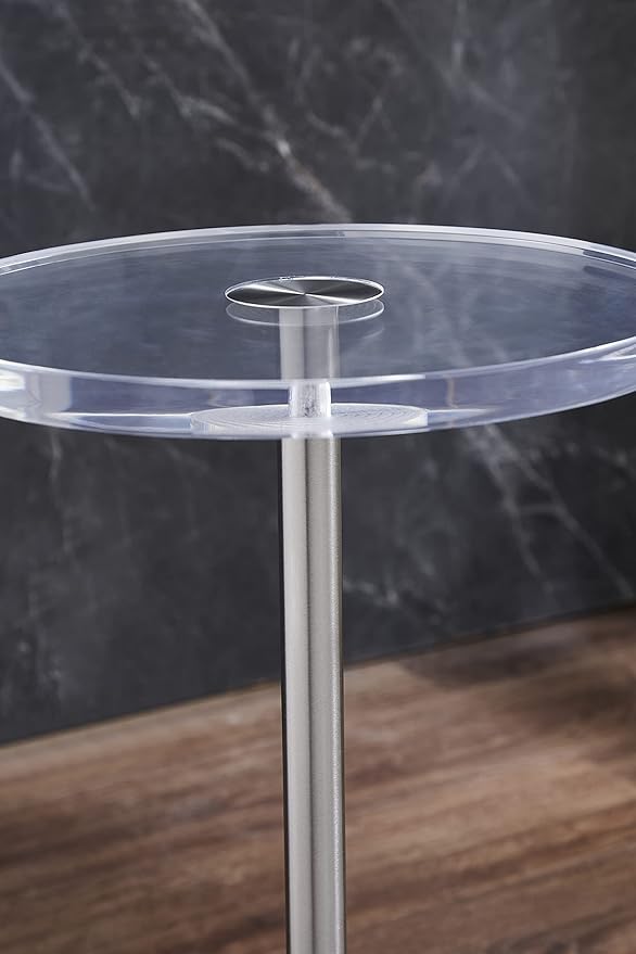 Clear Acrylic End Table,Side Table,Brushed Silver Metal,Round,for Office, Living Room and Bedroom,Easy Assembly,12x12 inch,21.3 inch high