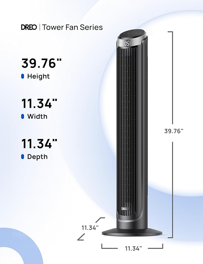 Dreo Smart Tower Fan for Bedroom, 90° Oscillating 40" Standing Fan, 26ft/s High-Speed 5 Speeds 4 Modes, Quiet Room Floor Fans, Touch/Remote/APP & Voice Control, Work with Alexa, 12H Timer, Silver