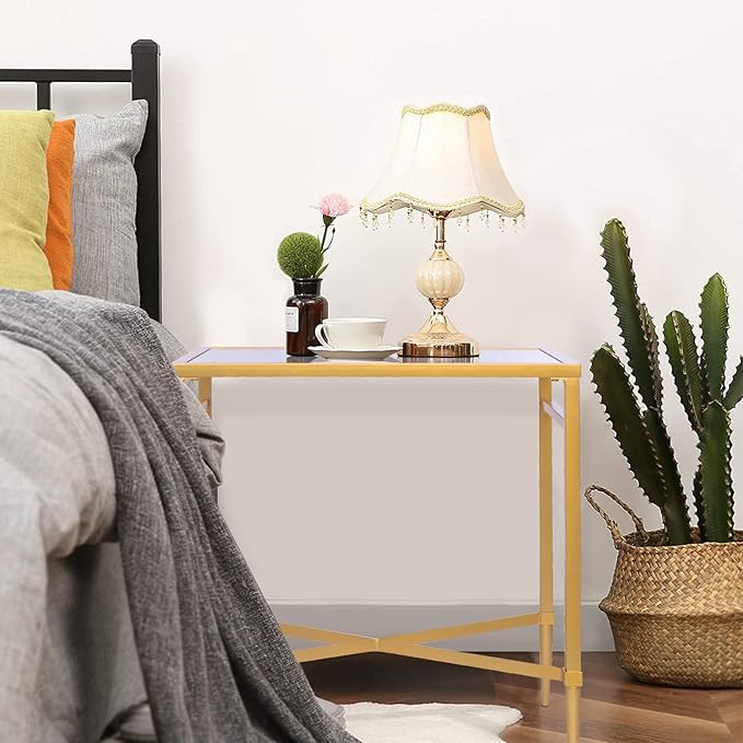 Gold End Table, Rectangle Side Table with Mirrored Top, Modern Metal End Table, Small Narrow Side Table for Living Room, Balcony, 22" L x 12.4" W x 24" D