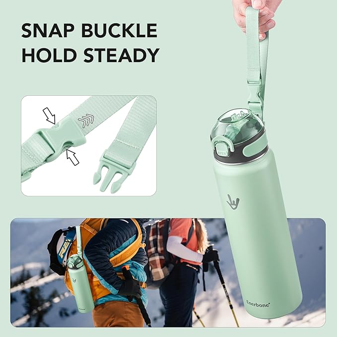 Enerbone 32 oz Insulated Water Bottle, Stainless Steel Bottle with Carrying Strap, Double-Wall Vacuum Insulation Design, Leakproof Sports Bottle with Straw, Keep Drinks Cold or Hot for Hours