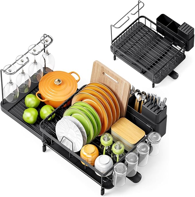 Dish Drying Rack for Kitchen Counter, Expandable Large Capacity Dish Rack with Drainboard, Wine Glasses Holder, Space Saving Organizer, Black