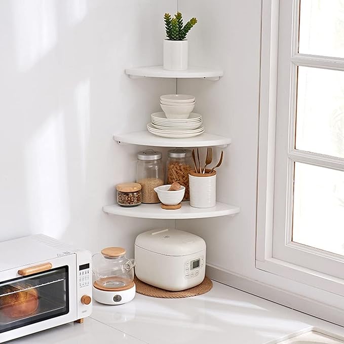 Corner Shelves, Floating Corner Shelf, Set of 2 White Solid Oak Wood Wall Shelves, Round End Wall Mount with Wire Hole Shelving for Small Plant for Bedroom Kitchen, Living Room 8.7"