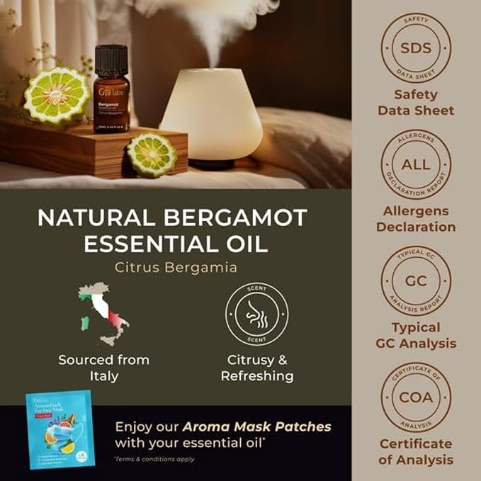 Gya Labs Bergamot Essential Oil - 0.34 Fl Oz - 100% Pure and Natural Bergamot Aromatherapy Essential Oil Uplifts Mood for Emotional Balance, Soothes Skin, Diffuser & Candle Making Scent