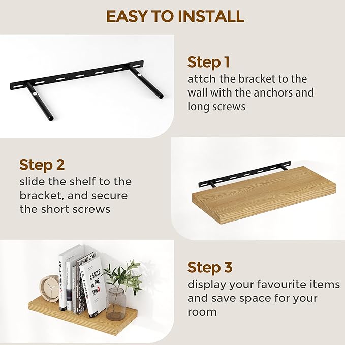 Fun Memories 16 Floating Shelves for Wall, 9 Inch Deep Floating Shelf for Bathroom, Rustic 16 x 9 Floating Shelf for Kitchen, Bedroom, Wide Wooden Shelves Wall Mounted, Oak Color, Set of 2