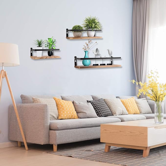 Floating Shelves Rustic Wood Wall Mounted Shelf Practical Metal Fence Design Ideal for Bedroom, Bathroom, Kitchen Set of 3(Carbonized Black)