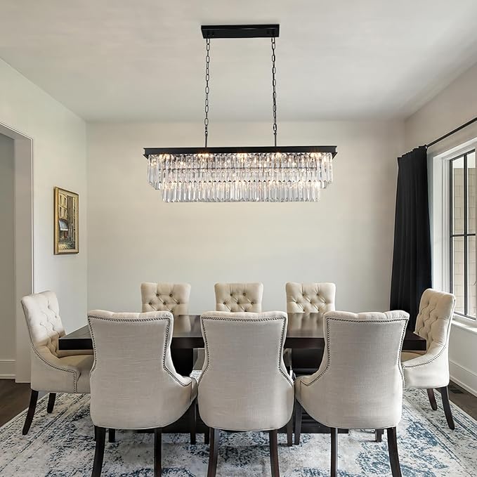 Crystal Chandeliers for Dining Room Light Fixtures Over Table,15-Lights Black Modern Rectangle Chandeliers for Kitchen Island Bar L40 Inch