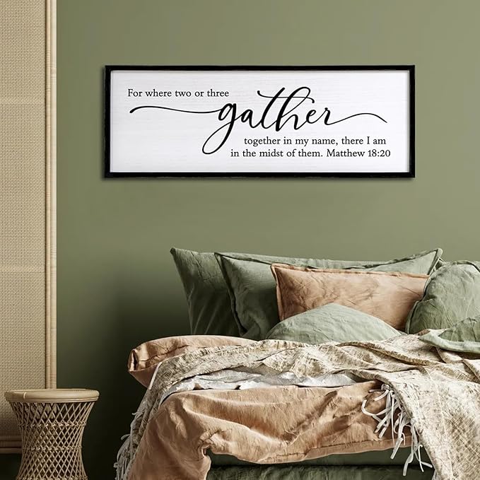 For Where Two or Three Gather in My Name, There I am in the Midst of Them Bible Verse Framed Wall Art, 40''×15'' Rustic Religious Christian Matthew 18:20 Sign, Inspirational Catholic Scripture Decor