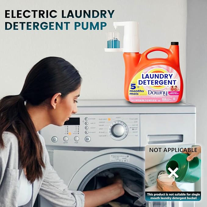 Electric Laundry Detergent Dispenser with Graduated Cup, Smart Laundry Soap Pump for Liquid Detergent Containers, No-Spill Design, Reducing Women's Work for Laundry Room Organization