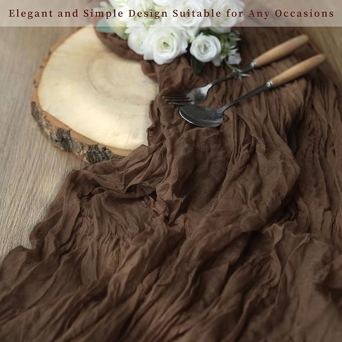 10FT 12 Pack Brown Cheesecloth Table Runner 20 x 120 Inch Long Boho Fabric Rustic Cheese Cloth Table Runner for Wedding Bridal Shower Baby Shower Gauze Sheer Birthday Party Table Decorations