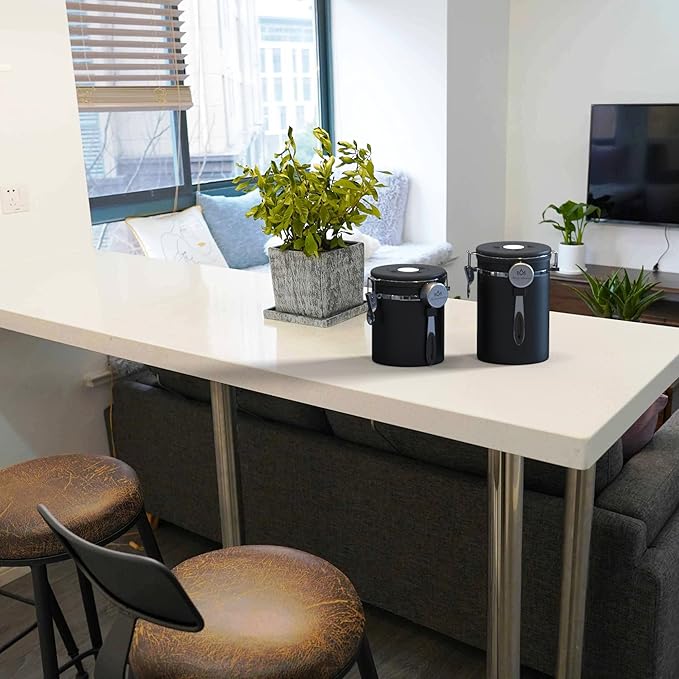 Coffee canister for ground coffee with Scoop Date Tracker One Way Co2 Valve 304 Stainless Steel Kitchen Food Airtight storage container for Coffee Beans,Grounds,Tea,Sugar (Silver, 22oz)