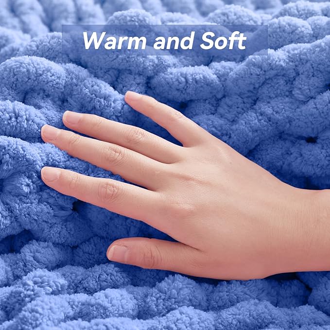 Chunky Knit Throw Blanket, 60''*80'' Knitted Throw Chenille Yarn for Bed Couch, Handmade Light Blue Crochet Big Thick Blanket, Machine Washable Cute Comfy Blanket for Home Decor