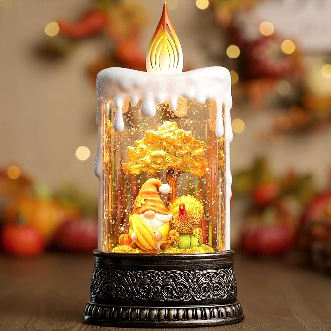 Fall Snow Globe Candle Fall Decorations for Home with Timer Gnome Turkey Pumpkin Autumn Harvest Fall Decor Indoor 9.7 inch