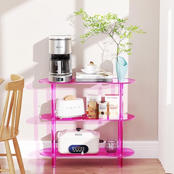 Clear Bookshelf, Acrylic Bookcase with Open Book Shelf Console Table for Entryway Office (3 Tier Pink)