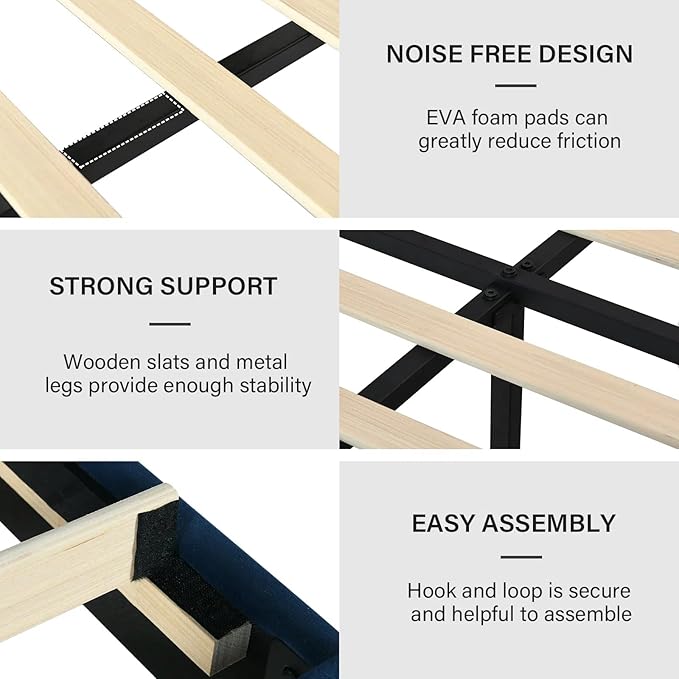 Full Size Bed Frame, Velvet Upholstered Platform Bed with Vertical Channel Tufted Headboard and Footboard, No Box Spring Required, Easy Assembly, Blue