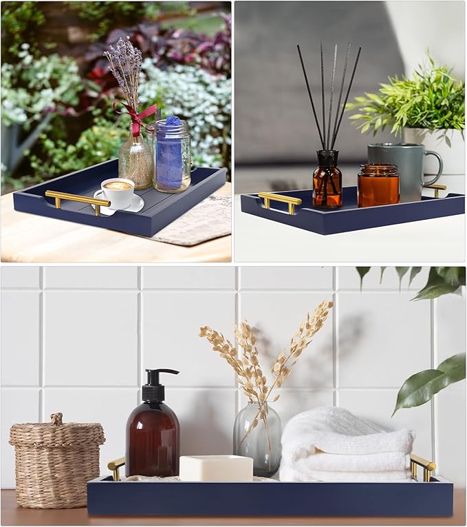 Coffee Table Tray - Large Ottoman Tray for Living Room - Wood Serving Tray with Handles(2 Sets) - Wooden Trays for Coffee Tables, 4 Round Coasters Included, Deep Blue