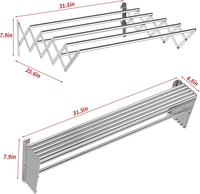 Guevara Wall Mounted Clothes Drying Rack,Stainless Steel Foldable Drying Rack for Laundry Room/Bathroom Tower,Easy to Install 31-inch Rod, 120 lbs Large Capacity- Indoor and Outdoor Use