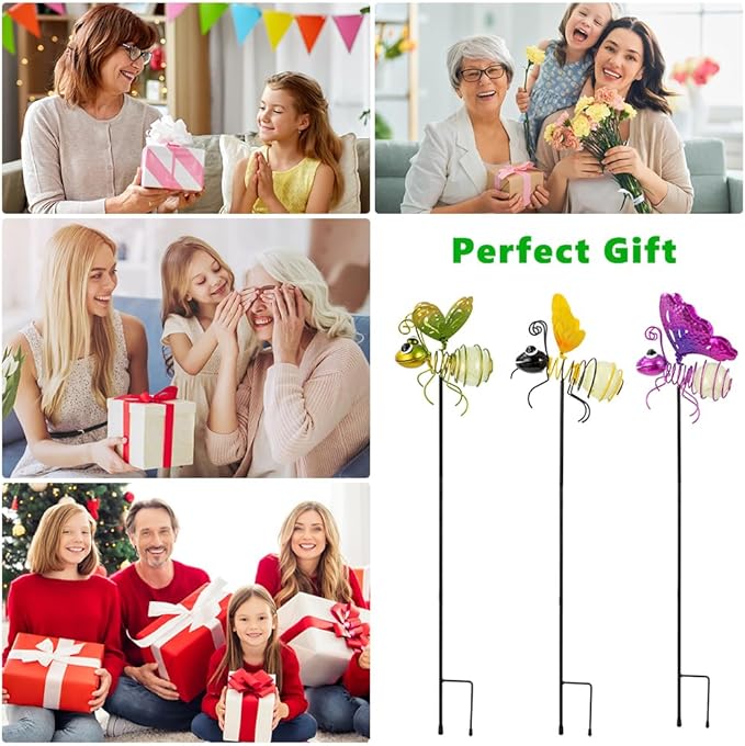 Garden Decor for Outside,3 Pcs Luminous Insect Garden Decorative Stakes,Glow in The Dark Bee Lights Metal Yard Art,Waterproof Outdoor Spring Lawn Patio Pathway Decoration for Mom,Women,Grandma