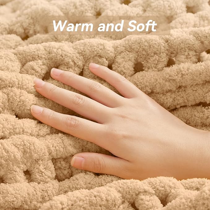 Chunky Knit Throw Blanket, 60''*80'' Knitted Throw Chenille Yarn for Bed Couch, Handmade Beige Crochet Big Thick Blanket, Machine Washable Cute Comfy Blanket for Home Decor