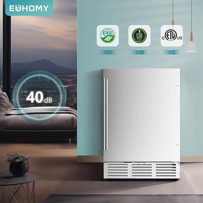 EUHOMY 24 Inch Beverage Refrigerator, Built-in and Freestanding Beverage Cooler 180 Can, Under Counter Beverage Fridge with Stainless Steel Door, Outdoor Refrigerator for Soda, Beer, Wine