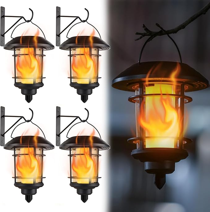 Dynaming 4 Pack Solar Flame Wall Lanterns Outdoor, Solar Powered Wall Mounted Sconce Lights, Flickering Flame LED Light Auto On/Off Hanging Lights, Waterproof for Garage Stair Patio Porch Yard