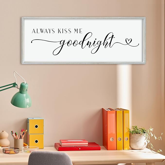 comurdyo Always Kiss Me Goodnight Sign for Bedroom Above bed Wall Decor 40''×15'' Large Wood Frame For Couples Over Bed Hanging Wall Art (White)