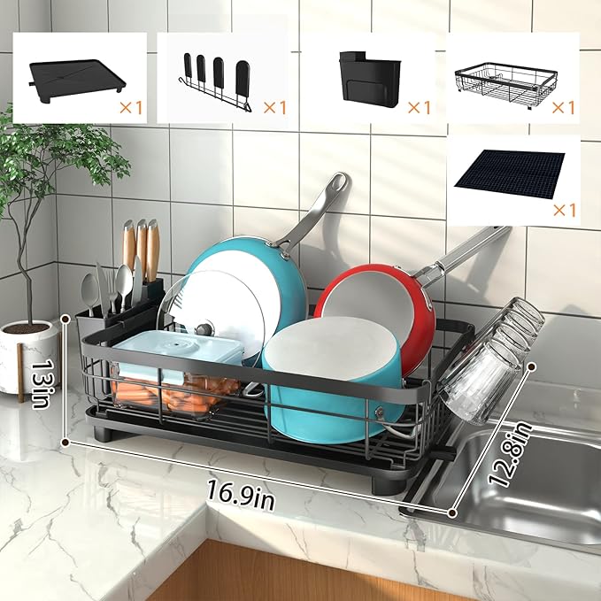 Godboat Dish Drying Rack, Dish Rack with Auto-Drain & Mat, Dish Drainers for Kitchen Counter, Glass Organizer for 4 Cups, 3 Slots Utensil Holder, Gifts for Women Mothers Day, Kitchen Gadgets & Decor