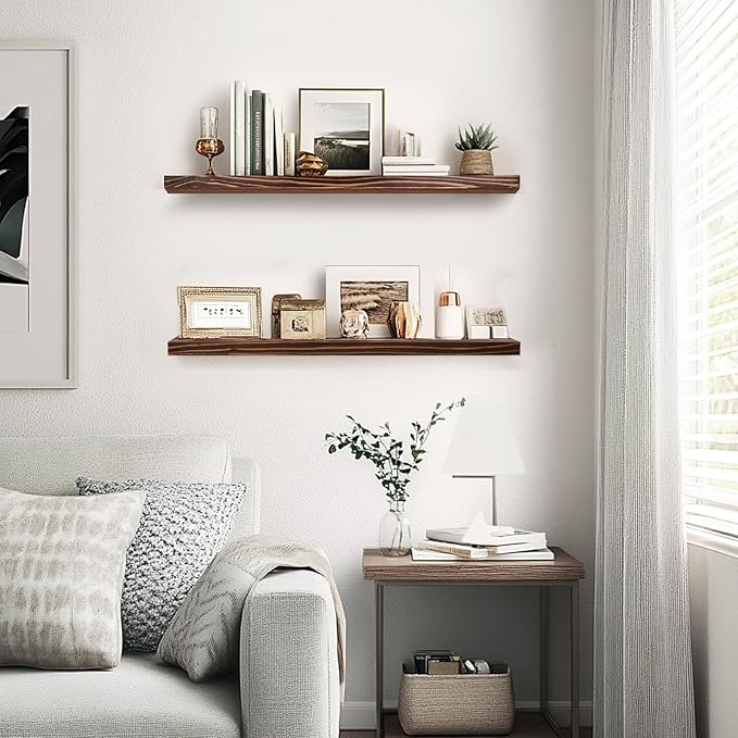 Floating Wall Shelves 2-Pack - 24-Inch Rustic Brown Wooden Shelves for Storage and Décor, Easy Installation for Living Room, Bedroom, and Kitchen
