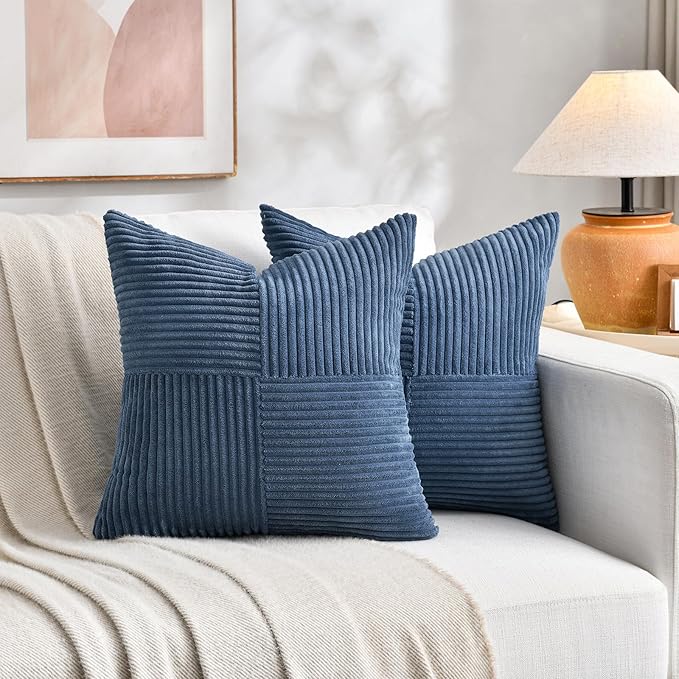 Fancy Homi 2 Packs Dusty Blue Samll Decorative Throw Pillow Covers 12x12 Inch with for Couch Bed Sofa, Rustic Farmhouse Boho Home Decor, Soft Patchwork Corduroy Textured Square Cushion Case 30x30 cm