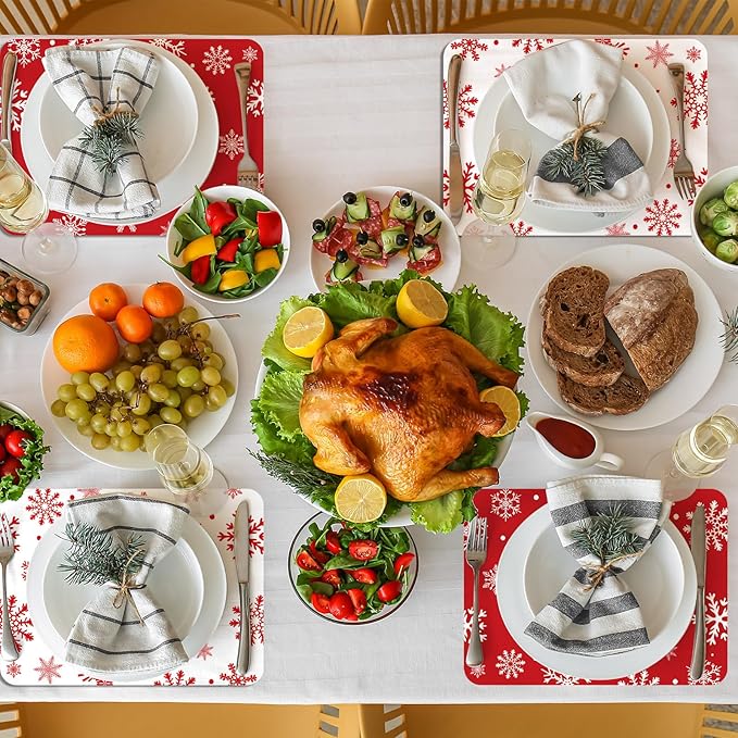 Christmas Placemats Set of 6 Christmas Red and White Snowflake Plastic Table Mats Winter Place Mats Washable Seasonal Xmas Winter Holiday Table Decoration for Indoor Outdoor Party Kitchen Dining