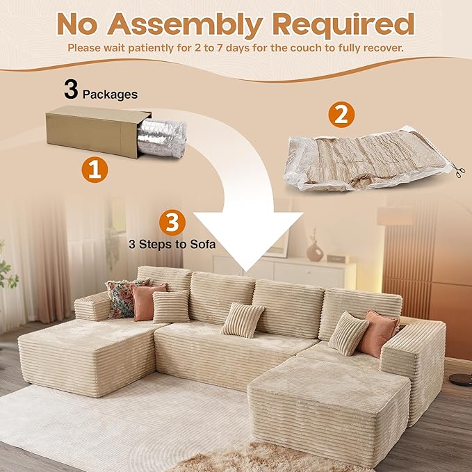 Cloud Sectional Couches for Living Room,U Shaped Modular Sofas No Assembly,133x68 Inches Plush Corduroy Oversized Floor Couch Set with Deep Seat Chaise,Beige