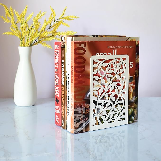CNK Book Ends Bookends for Decorative Books Holder Bookend Shelves End Hold Heavy Duty Holders Stoppers Metal Stopper Cute Boho Bookshelf Holds Cookbook Office Home Set of 4 Bookends Pair White