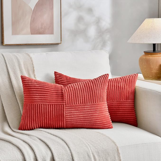 Fancy Homi 2 Packs Red Long Lumbar Decorative Throw Pillow Covers 16x24 Inch for Couch Bed Sofa, Holiday Christmas Home Decor Gift, Soft Striped Corduroy Rectangle Accent Cushion Case 40x60 cm