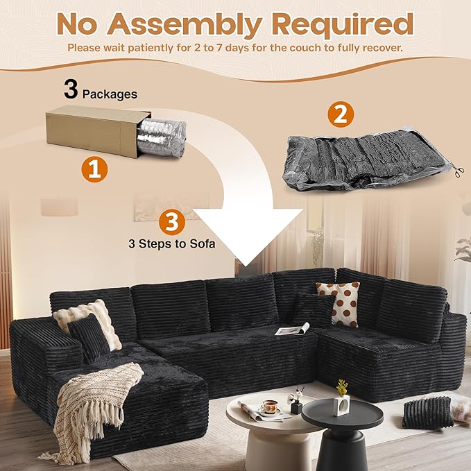 Cloud Sectional Couches for Living Room,U Shaped Modular Sofas No Assembly,133x68 Inches Plush Corduroy Oversized Floor Couch Set with Deep Seat Chaise,Black