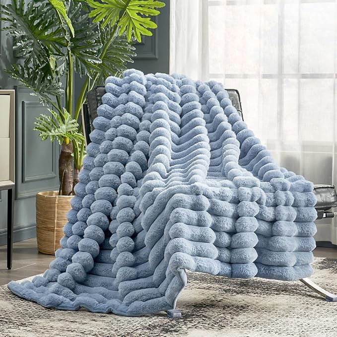 Cozy Bliss Faux Fur Throw Blanket for Couch, Cozy Warm Plush Striped Blanket for Sofa Bedroom Living Room,60 * 80 Inches Light Blue