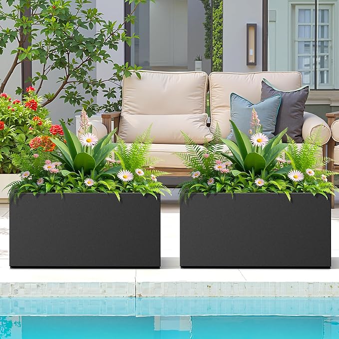 FENCY Metal Rectangular Planter Box, Large Planters for Outdoor Plants, Tall Planters for Outdoor Plants with Drainage Holes (32" L x 10" W x 16.3" H,Black)