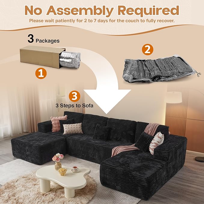 Cloud Sectional Couches for Living Room,U Shaped Modular Sofas No Assembly,133x68 Inches Plush Corduroy Oversized Floor Couch Set with Deep Seat Chaise,Black