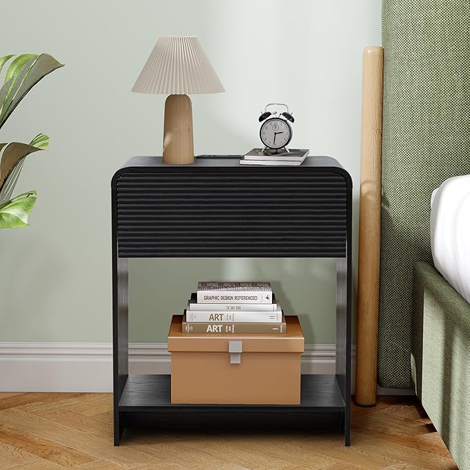 Fluted Nightstand with Charging Station, Mid Century Modern Bed Side Table End Table with Drawer Storage, Large Wooden Night Stands Bedside for Bedroom Living Room Sofa Office, Black