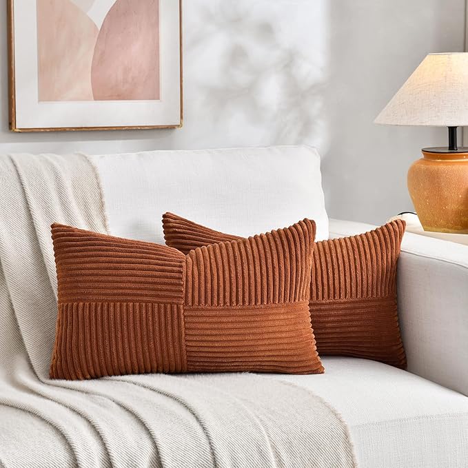 Fancy Homi 2 Packs Rust Lumbar Decorative Throw Pillow Covers 20x28 Inch for Couch Bed Sofa, Rustic Farmhouse Boho Home Decor, Soft Striped Corduroy Rectangle Accent Terracotta Cushion Case 50x70 cm