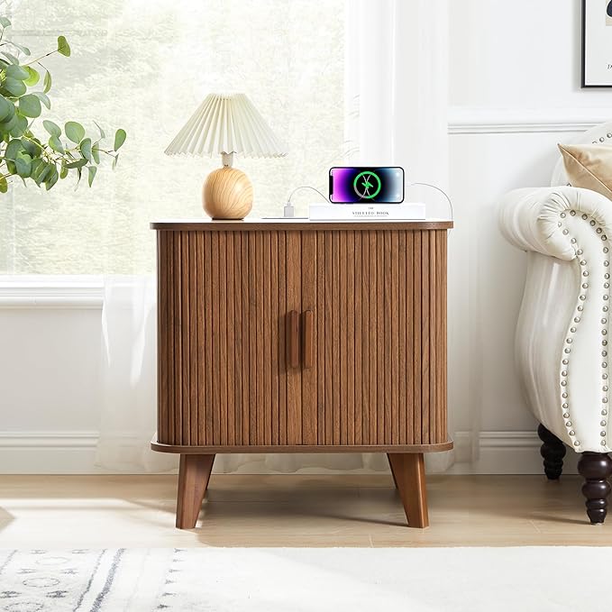 Farmhouse Square End Table with Charging Station, 24" Large Fluted Sofa Side Table with Sliding Tambour Door and Storage, Rustic Curved Wood Nightstand for Living Room, Bedroom, Walnut