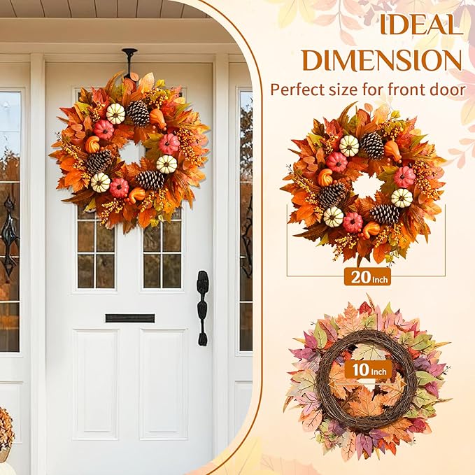 Fall Decor - Fall Wreaths for Front Door Outside, 20 Inch Fall Door Wreath, Handcrafted Autumn Wreath with Colorful Pumpkins Maple Leaves, Fall Decorations for Home Front Door Porch Thanksgiving Decor