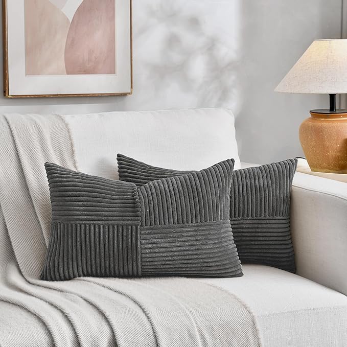 Fancy Homi 2 Packs Dark Gray Long Lumbar Decorative Throw Pillow Covers 12x24 Inch for Couch Bed Sofa, Rustic Farmhouse Boho Home Decor, Soft Striped Corduroy Rectangle Accent Cushion Case 30x60 cm