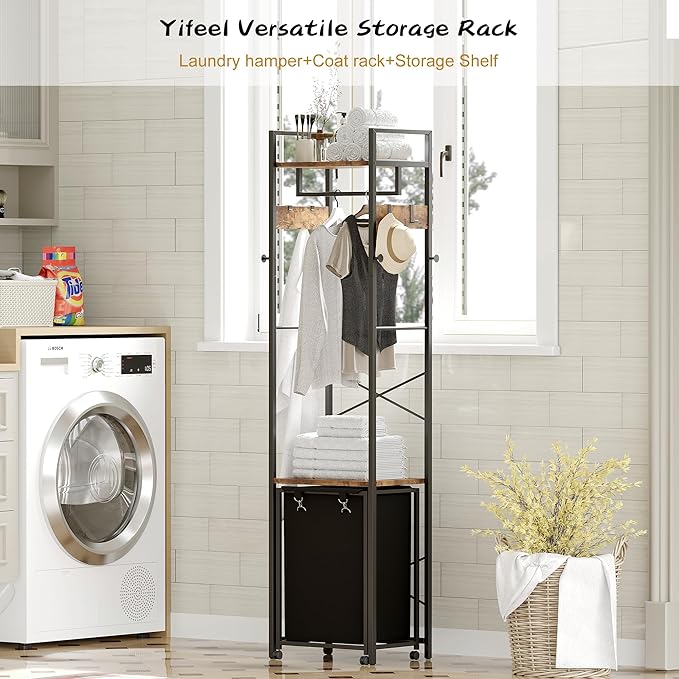 Coat Rack with Laundry Basket, Laundry Hamper Freestanding Hall Tree, Clothes Rack with Storage Shelves, 14.5 Gal Removable Bags on Wheels, Black and Brown JLH005SR